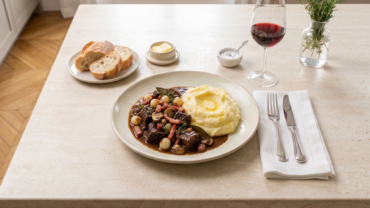 Classic Boeuf Bourguignon with Garlic-Lemon Mashed Potatoes