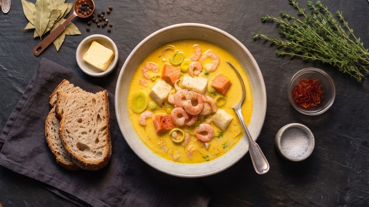 Saffron-Spiced Fish Soup with Salmon and Cod